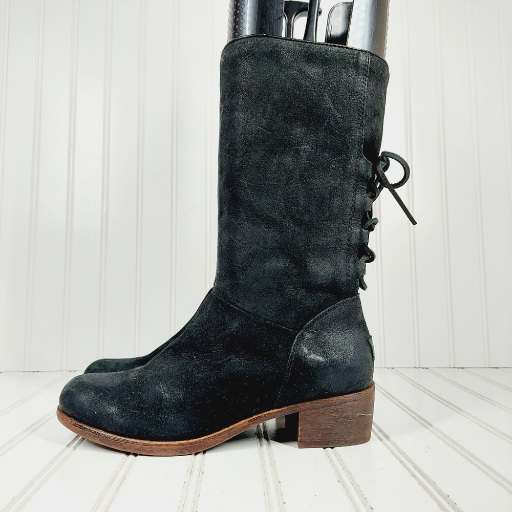 UGG Cary Black Nubuck Leather Back Lace Block Heel Mid Calf Boots D1018